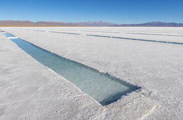 Basins in the salt crust of the huge salt flats Salinas Grandes de Jujuy in northern Argentina...