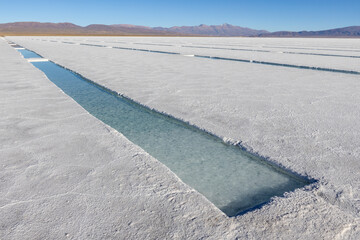 Basins in the salt crust of the huge salt flats Salinas Grandes de Jujuy in northern Argentina...