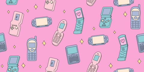 Seamless pattern with retro games, consoles, flip phone, computer. 2000s style technology. Old style gadgets. Nostalgia of 1990s, 2000s electronics devices. Y2K and retrowave style illustration