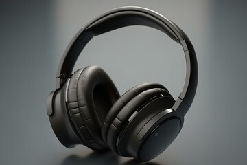 Fototapeta na wymiar Black headphones on a gray background. Headphones for listening to music.
