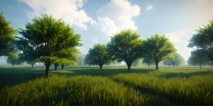 Serene spring summer jungle trees environment by misty rays of light