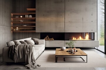 Interior design of a modern living room with a fireplace in a minimalist style