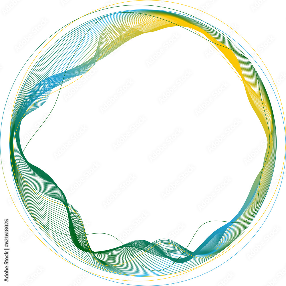 Poster round frame made of dynamic neon curved lines for technology concepts, user interface design, web de