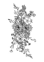 Minimalist Line Art Wildflowers Bouquet Tattoo Illustration, Hand drawn line Flowers, Black and White