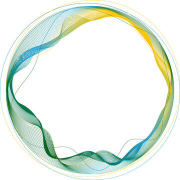 Round frame made of dynamic neon curved lines for technology concepts, user interface design, web design. Green and yellow lines. Transparent background