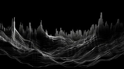 background with black and white lines in the form of a big city smoothly turning into a mountain landscape. Generative AI