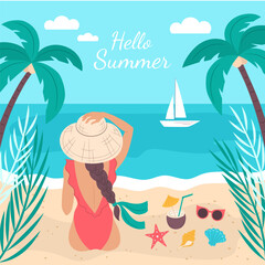 summer background, a beautiful young woman sitting on a sand beach and looking at the sea. summer vacation poster, vector illustration.