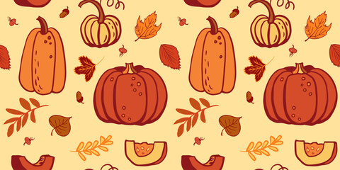 Autumn pumpkin and fall leaves seamless pattern. Hand drawn harvest vector background for  textiles, banners, wallpapers, wrapping design.