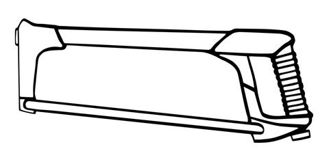 Hacksaw for metal. Tools or instruments for home renovation.  Building Hand tools. Engraved doodle sketch hand drawn vector illustration for  Banner, poster, Hardware Shop designs.
