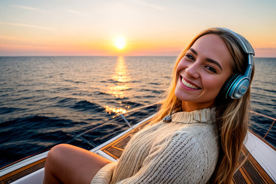 Digital photo of a funny fantastic smiling happy young woman at the luxury yacht on a sunny day. Wildlife imagery, the concept of ecological environment. Generative AI