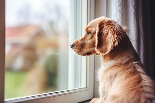 Cute golden retriever dog sitting on the windowsill and looking out the window