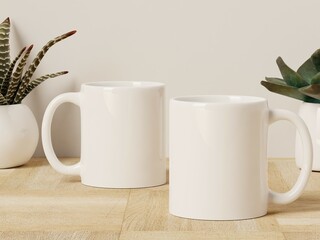 White coffee cups 11 oz with copy space for the logo, text or design with succulent plants. Mock up for drink concept. Two mugs. 3D Rendering.