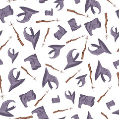 A seamless pattern of witch hat, boots and a half-legged stick on a light background.