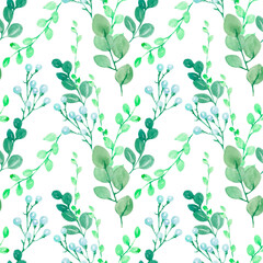 Watercolor green plants pattern . Seamless pattern. Wildflowers. Floral design. Green plants and leaves. Idea for greeting, packing, wrapping paper, package, backgrounds, cards, decor.