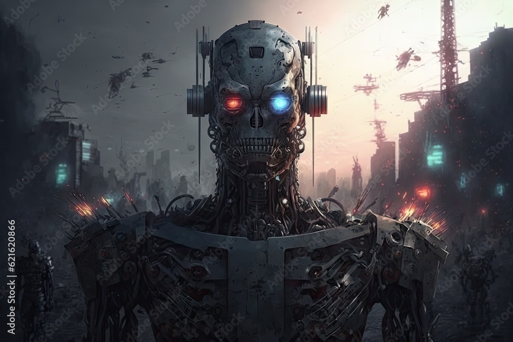 Poster fantasy scene with a robot on a background of a destroyed city