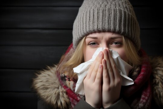 Woman with a cold. Sick, sneezing and holding a tissue, flu.