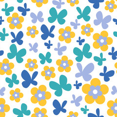 Fototapeta na wymiar Seamless pattern with butterflies and flowers in summer colors: yellow, blue and green, fabric print