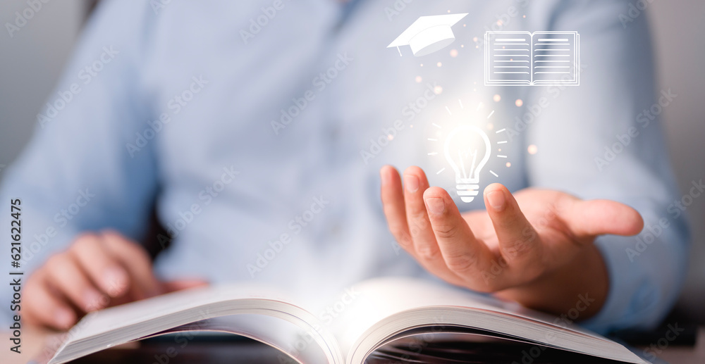 Aufkleber Concept of Online education. man use Online education training and e-learning webinar on internet for personal development and professional qualifications. Digital courses to develop new skills...