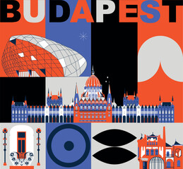 Budapest culture travel set, video split screen, famous architecture in flat design. Business travel, tourism concept clipart. Image presentation, banner, website, advert, flyer, roadmap icon. Hungary