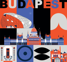 Obraz premium Budapest culture travel set, video split screen, famous architecture in flat design. Business travel, tourism concept clipart. Image presentation, banner, website, advert, flyer, roadmap icon. Hungary