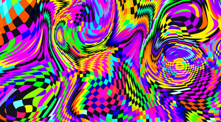 Fototapeta na wymiar Distorted neon checkered pattern. Abstract euphoria. Hallucination in consciousness