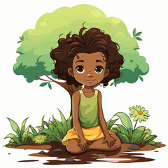 Obraz na płótnie Canvas simple cartoon clipart black african american girl child in nature white background