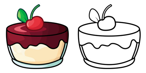 Cherry pudding cartoon style vector illustration , dessert with a cherry on top , cherry pudding stock vector image, colored and black and white line art