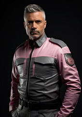 Obraz premium Authoritative Male Officer-Security Guard Wearing a Pink Shirt-Generative AI