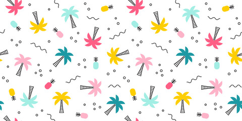 Seamless summer pattern with palm trees, pineapples and geometric shapes. Cute colorful vector background.