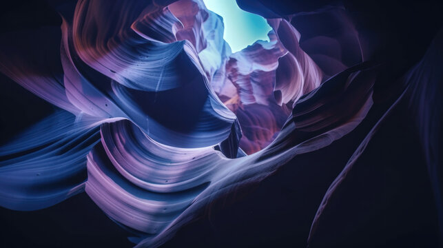 Eroded Rock with Purple and Blue Lighting, Antelope Canyon Wallpaper with Curved Cave Passages. Generative AI.