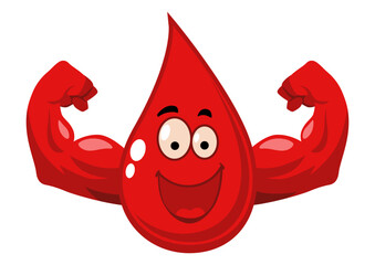 Funny cartoon character of blood drop with muscular hands, vector illustration