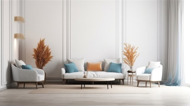 Modern Living Room. Contemporary Interior Design Background. Generative AI.