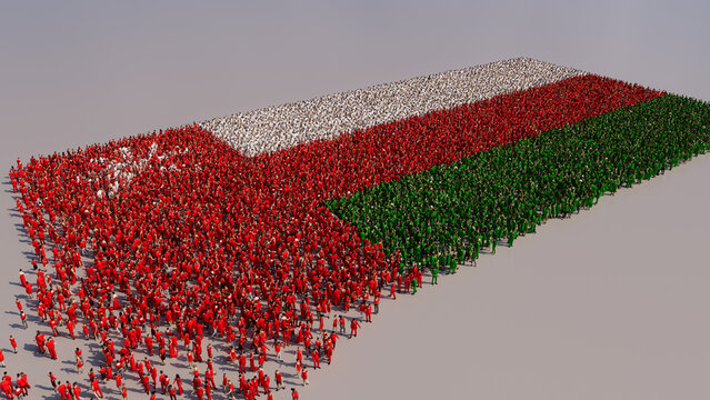 Aerial view of a Crowd of People, coming together to form the Flag of Oman. Omani Banner on White Background.