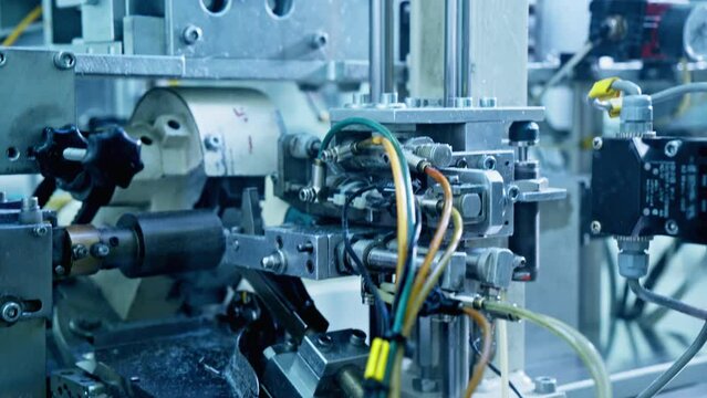 Factory machine at work. Production equipment at medical industry. 4K, UHD