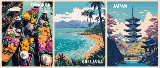 Set of Travel Destination Posters in retro style. Bangkok, Thailand, Sri Lanka, Japan Tokyo prints. Exotic summer vacation, holidays concept. Vintage vector colorful illustrations. - obrazy, fototapety, plakaty