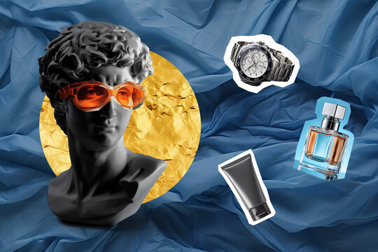 Men accessories and sale concept. Creative surreal collage with paper cut elements for decoration sale events. Gypsum statue of David's head. Michelangelo's David statue in glasses. AI generated image