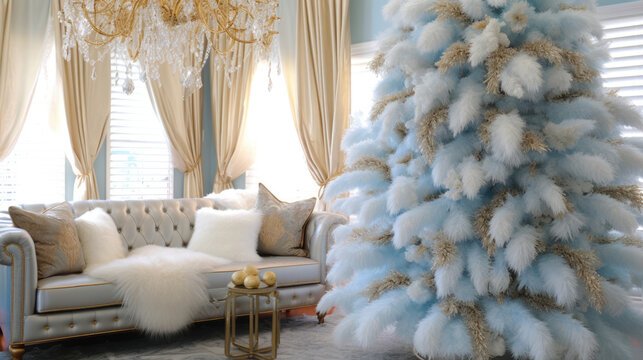 Elegant Christmas Decorations with Ostrich Feathers and Christmas Tree. Pastel Blue and Gold Festive Background.
