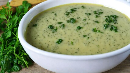 Brazilian food,A steaming bowl of Brazilian feij&atilde;o, topped with a dollop of vinaigrette and a sprinkle of parsley.