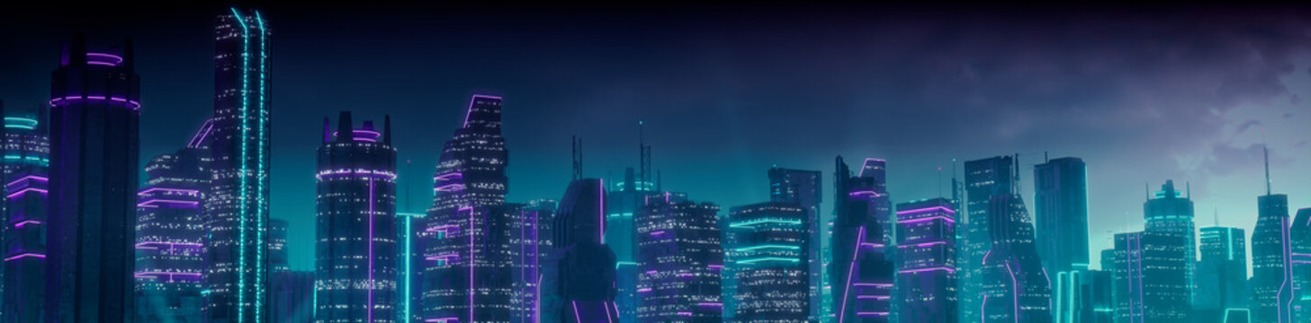 Sci-fi City Skyline with Purple and Cyan Neon lights. Night scene with Advanced Skyscrapers.
