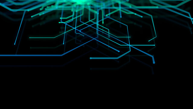 Futuristic Digital Lines form a High-Tech Structure. Blue and Green Connectivity Concept with copy-space.
