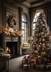 Vintage Styled Christmas Tree-Large Mansion Room-Generative AI