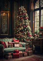 Fototapeta na wymiar Vintage Styled Christmas Tree-Large Mansion Room-Generative AI