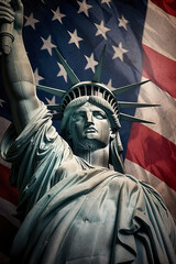 Obraz premium US flag behind Statue of Liberty us independence day