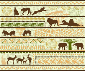 African patterns with animals  silhouettes. Vector illustration