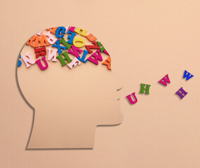 Silhouette of a human head with letters in the brain on a beige background. Concept of information...