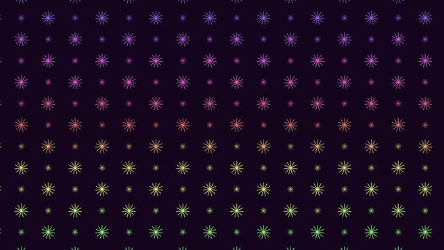 Neon colorful snowflakes pattern in dark galaxy, motion abstract futuristic, holidays and winter style background
