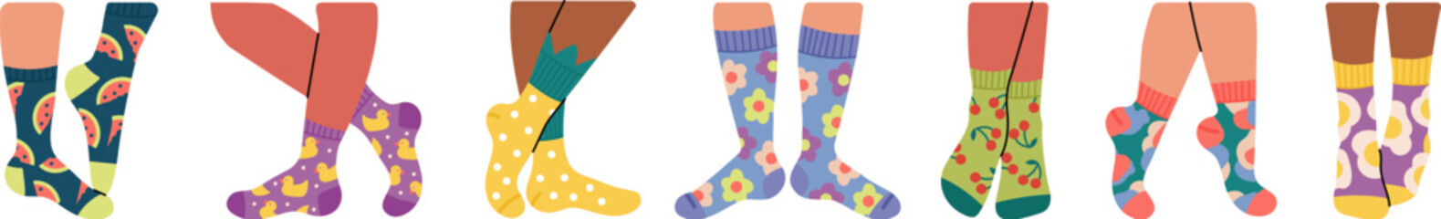 Legs in socks. Women leg wear sock cotton and wool with decorative design. Underwear, isolated female feet in trendy accessories, decent vector set