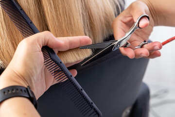 Professional hair stylist holding comb and hot thermal scissors cutting tips of long straight hair lock closeup.