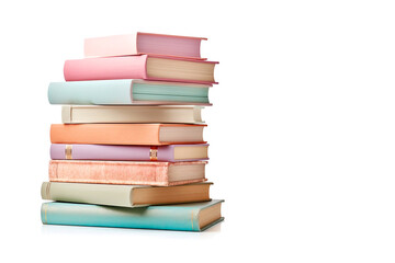 Stack of colorful books isolated on white background with copyspace for text. Collection of different books. Back to school, education and learning concept. AI generated image