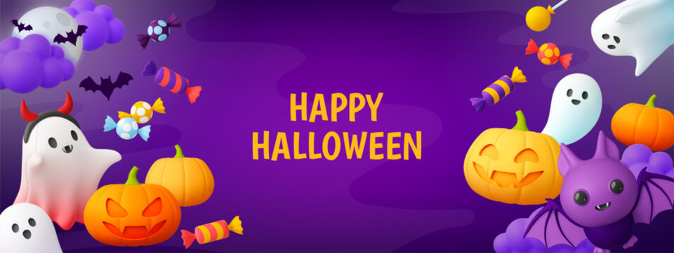 Promotion halloween banner, 3d ghost candy and pumpkin. Horror happy party characters, spooky bats and ghosts. Pithy render vector background